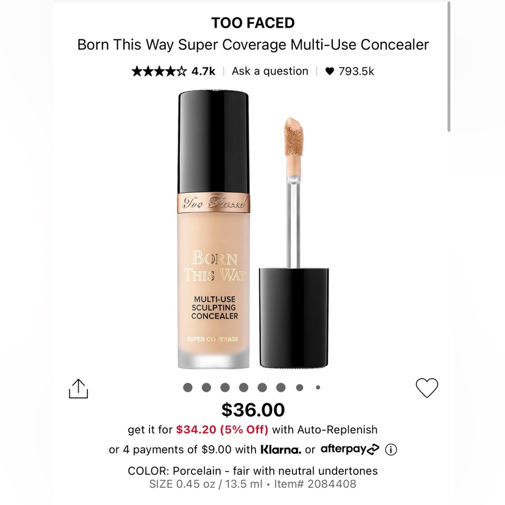 too faced concealeravailable in different shades(nude vanilla porcelain)